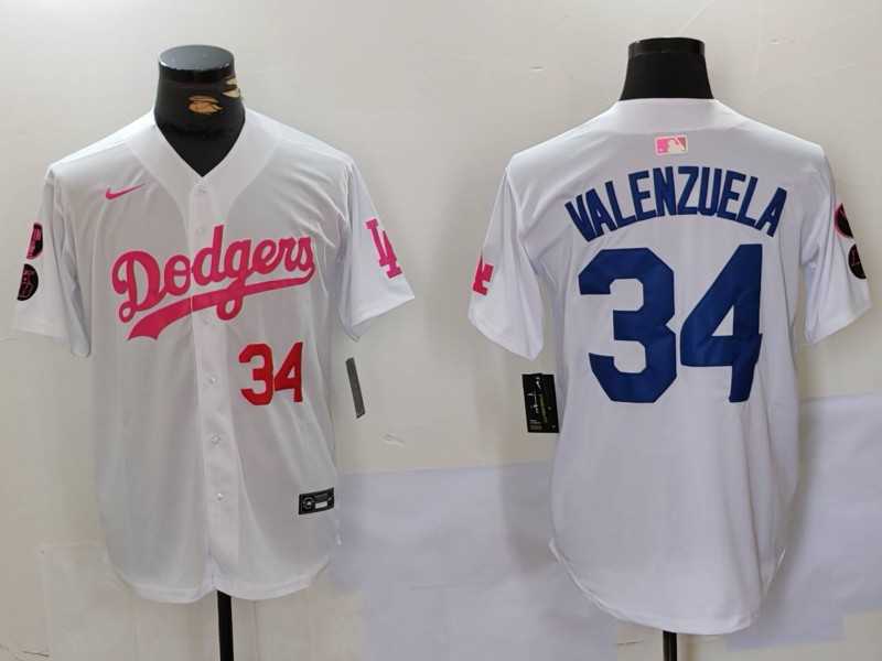 Men%27s Los Angeles Dodgers #34 Fernando Valenzuela White Pink Vin & Kobe Patch Stitched Baseball Jersey1->los angeles dodgers->MLB Jersey
